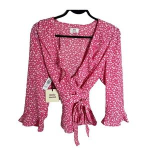 Little Moon Pink Floral Wrap Blouse Long Sleeve Large